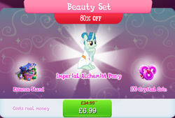 Size: 1267x856 | Tagged: safe, imported from derpibooru, bamboo brush, pony, unicorn, background character, background pony, bundle, bush, clothes, costs real money, curved horn, english, female, gameloft, hair bun, horn, mare, mobile game, my little pony: magic princess, numbers, official, perfume, sale, solo, solo focus, stand, text