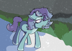 Size: 670x469 | Tagged: safe, artist:snowden, imported from derpibooru, oc, oc:snowdin falls, earth pony, pony, blind, looking offscreen, snow, snowfall, solo, teenager