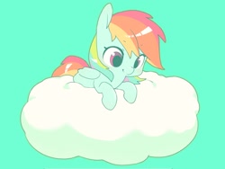 Size: 2048x1536 | Tagged: safe, artist:cheesesauce_45, imported from derpibooru, rainbow dash, pegasus, pony, chibi, cloud, cute, dashabetes, female, green background, looking down, lying down, lying on a cloud, mare, on a cloud, simple background, smiling, smoldash, solo