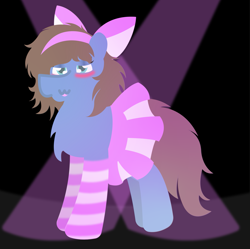 Size: 3043x3035 | Tagged: safe, artist:epsipeppower, imported from derpibooru, oc, oc only, oc:bizarre song, black background, blushing, bow, clothes, crossdressing, femboy, hair bow, lightning, lipstick, makeup, male, messy mane, pink socks, simple background, skirt, socks, solo, striped socks