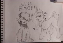 Size: 4564x3118 | Tagged: safe, artist:chacarron, imported from derpibooru, cow, unicorn, them's fightin' herds, arizona (tfh), choker, community related, ear piercing, emo, meme, oleander (tfh), piercing, traditional art, we're emo