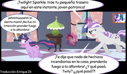 Size: 1200x700 | Tagged: safe, artist:thebuckneighkid, derpibooru exclusive, edit, editor:enrique zx, imported from derpibooru, shining armor, twilight sparkle, twilight velvet, pony, unicorn, angry, blushing, brother and sister, brush, chase, crying, dialogue, duo, female, filly, filly twilight sparkle, floppy ears, foal, hall, imminent spanking, incendiary spell, male, mother and child, mother and daughter, picture, punishment, running, siblings, spanish, spanish description, spanish text, spanking, this will end in grounding, this will end in pain, this will end in tears, translation, translator:enrique zx, unicorn twilight, younger