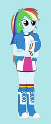 Size: 297x720 | Tagged: safe, artist:inferno55, imported from derpibooru, rainbow dash, human, equestria girls, big breasts, blue background, boots, breasts, busty rainbow dash, clothes, cyan background, high heel boots, jacket, shirt, shoes, simple background, skirt, socks, solo, vest