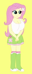 Size: 310x720 | Tagged: safe, artist:inferno55, imported from derpibooru, fluttershy, human, equestria girls, big breasts, boots, breasts, busty fluttershy, clothes, high heel boots, shirt, shoes, skirt, socks, solo