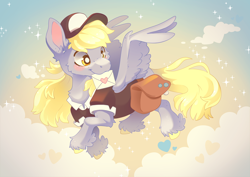 Size: 7016x4961 | Tagged: safe, artist:cutepencilcase, imported from derpibooru, derpy hooves, pegasus, pony, bag, cheek fluff, cloud, colored hooves, female, flying, hat, heart, letter, mailbag, mailmare, mailmare hat, mailmare uniform, mare, mouth hold, sky, smiling, solo, underp, unshorn fetlocks