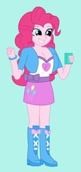 Size: 340x720 | Tagged: safe, artist:inferno55, imported from derpibooru, pinkie pie, human, equestria girls, belt, big breasts, boots, breasts, busty pinkie pie, clothes, high heel boots, jacket, shirt, shoes, skirt, solo, vest