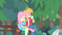 Size: 1920x1080 | Tagged: safe, edit, edited screencap, imported from derpibooru, screencap, big macintosh, fluttershy, human, equestria girls, wake up!, spoiler:eqg series (season 2), arm around neck, breakfast, clothes, coffee mug, crossed legs, cute, dress, drinking, duo, eating, eyes closed, female, fluttermac, food, forest, hand on shoulder, male, mug, pancakes, picnic table, shipping, shyabetes, sitting, straight, table, wake up!: applejack