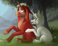 Size: 1920x1516 | Tagged: safe, artist:klarapl, imported from derpibooru, oc, oc only, oc:leviathan, oc:medin, pony, unicorn, female, floral head wreath, flower, happy, long mane, male, mare, mountain, scenery, size difference, smiling, stallion, tree