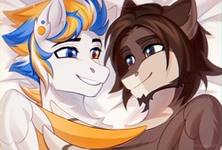 Size: 2200x1500 | Tagged: safe, artist:fenwaru, imported from derpibooru, oc, oc only, oc:alan techard, pegasus, pony, duo, duo male, heterochromia, looking at each other, looking at someone, male, stallion