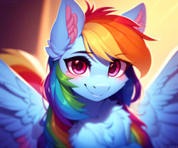 Size: 3072x2560 | Tagged: safe, imported from derpibooru, rainbow dash, pegasus, pony, abstract background, ai content, ai generated, cute, dashabetes, ear fluff, eyebrows, eyelashes, female, fluffy, generator:purplesmart.ai, generator:stable diffusion, lightning, looking at you, mare, prompter:nightluna, smiling, smiling at you, solo, spread wings, watermark, wings