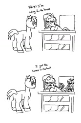 Size: 861x1293 | Tagged: safe, artist:attila, imported from derpibooru, big macintosh, fluttershy, pinkie pie, sunset shimmer, twilight sparkle, earth pony, pony, unicorn, black and white, butt, comic, counter, dialogue, grayscale, lil nas x, monochrome, old town road, pinkamena diane pie, plot, shop, simple background, song reference, sunglasses, white background