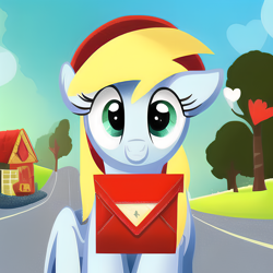 Size: 2048x2048 | Tagged: safe, imported from derpibooru, pegasus, pony, ai content, ai generated, female, generator:purplesmart.ai, generator:stable diffusion, gray coat, green eyes, house, letter, looking at you, mare, tree, yellow mane