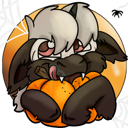 Size: 2000x2000 | Tagged: safe, artist:euspuche, imported from derpibooru, oc, oc only, oc:pustka, bat pony, spider, unicorn, biting, bust, eating, floppy ears, halloween, herbivore, holiday, icon, male, portrait, pumpkin, simple background, spider web, tongue out, transparent background