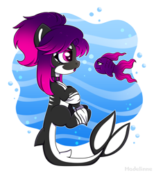 Size: 1764x1984 | Tagged: safe, artist:madelinne, imported from derpibooru, oc, oc only, fish, orca, orca pony, original species, bubble, chibi, countershading, fish tail, ocean, pink eyes, simple background, solo, swimming, tail, underwater, unshorn fetlocks, water, white background