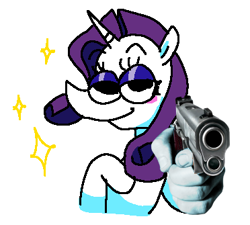 Size: 372x335 | Tagged: safe, artist:punkittdev, imported from derpibooru, rarity, pony, unicorn, blushing, female, gun, handgun, hoof on chest, looking at you, mare, pistol, simple background, smiling, smiling at you, solo, sparkles, suddenly hands, white background