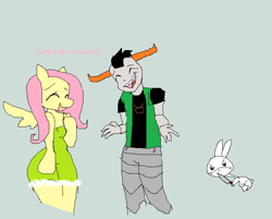 Size: 734x590 | Tagged: safe, artist:anonymare, imported from derpibooru, angel bunny, fluttershy, anthro, pegasus, amputee, crossover, gray background, homestuck, ms paint, prosthetic leg, prosthetic limb, prosthetics, simple background, tavros nitram, troll (homestuck)