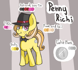 Size: 912x812 | Tagged: safe, artist:toxiccolour, imported from derpibooru, oc, oc only, earth pony, pony, bowtie, female, freckles, hat, mare, reference sheet, smiling, solo