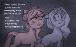 Size: 1083x673 | Tagged: safe, anonymous artist, imported from derpibooru, sugar moonlight, sunny starscout, earth pony, pony, series:anorexic sunny, bully, bullying, dream, duo, female, g5, insecure, limited palette, looking at each other, looking at someone, mare, nightmare, open mouth, sketch