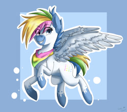 Size: 1612x1412 | Tagged: safe, artist:toxiccolour, imported from derpibooru, oc, oc only, pegasus, pony, abstract background, coat markings, eye clipping through hair, eyelashes, female, grin, mare, multicolored hair, neckerchief, pegasus oc, rainbow hair, smiling, socks (coat markings), solo, wings