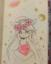 Size: 1080x1350 | Tagged: safe, artist:prettyshinegp, imported from derpibooru, oc, oc only, anthro, earth pony, bust, clothes, earth pony oc, floral head wreath, flower, jupiter, scarf, signature, solo, traditional art