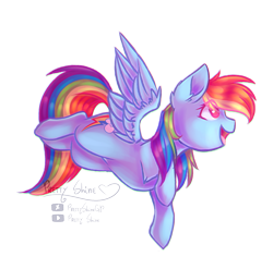 Size: 1414x1399 | Tagged: safe, artist:prettyshinegp, imported from derpibooru, rainbow dash, pegasus, pony, backwards cutie mark, eye clipping through hair, female, flying, mare, open mouth, signature, simple background, smiling, solo, spread wings, transparent background, wings