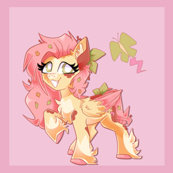 Size: 2048x2048 | Tagged: safe, artist:plushtrapez, imported from derpibooru, fluttershy, butterfly, pegasus, pony, alternate cutie mark, bow, chest fluff, coat markings, colored ears, colored hooves, colored wings, ear fluff, female, folded wings, grin, hair bow, hoof fluff, hooves, leaves, leaves in hair, mare, raised hoof, redesign, smiling, solo, tail, tail bow, two toned wings, unshorn fetlocks, white pupils, wings