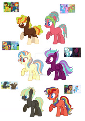 Size: 1024x1456 | Tagged: safe, artist:lanternik, imported from derpibooru, cheese sandwich, dumbbell, fleetfoot, hoops, rainbow dash, saffron masala, sunburst, sunset shimmer, tempest shadow, tree hugger, trixie, oc, pegasus, pony, unicorn, coat markings, deviantart watermark, female, horn, magical gay spawn, magical lesbian spawn, male, mare, multicolored hair, obtrusive watermark, offspring, parent:cheese sandwich, parent:dumbbell, parent:fleetfoot, parent:hoops, parent:lotus blossom, parent:rainbow dash, parent:saffron masala, parent:sunburst, parent:sunset shimmer, parent:tempest shadow, parent:tree hugger, parent:trixie, pegasus oc, rainbow hair, screencap reference, simple background, socks (coat markings), stallion, unicorn oc, watermark, white background