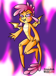 Size: 1900x2600 | Tagged: safe, artist:loverashley, imported from derpibooru, scootaloo, dragon, abstract background, dragoness, dragonified, female, flying, grin, not smolder, scootadragon, smiling, solo, species swap, wings
