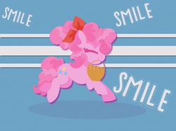 Size: 2048x1535 | Tagged: safe, artist:plushtrapez, imported from derpibooru, pinkie pie, earth pony, pony, basket, bow, cookie, eyes closed, food, hair bow, lineless, mouth hold, smile smile smile, smiling, solo