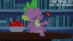 Size: 4400x2475 | Tagged: safe, edit, edited screencap, editor:quoterific, imported from derpibooru, screencap, spike, dragon, what about discord?, book, bookshelf, bowl, eyes closed, gem, gemstones, male, open mouth, solo, twilight's castle