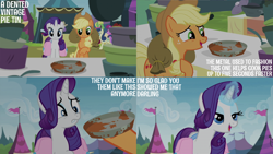 Size: 2000x1125 | Tagged: safe, edit, edited screencap, editor:quoterific, imported from derpibooru, screencap, applejack, berry punch, berryshine, bon bon, rarity, sweetie drops, wensley, earth pony, pony, unicorn, trade ya, background pony, bag, dented, duo focus, female, frown, glowing, glowing horn, grin, gritted teeth, horn, magic, male, mare, open mouth, open smile, pie tin, sack, smiling, stallion, teeth, vintage