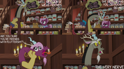 Size: 2000x1125 | Tagged: safe, edit, edited screencap, editor:quoterific, imported from derpibooru, screencap, discord, jasmine leaf, draconequus, earth pony, pony, discordant harmony, season 7, candle, discord is not amused, duo, duo male and female, facial hair, female, food, forked tongue, frown, goatee, gritted teeth, implied fluttershy, insulted, intimidated, intimidating, male, mare, morphing, offended, open mouth, open smile, pretend, scared, smiling, snaggletooth, talking, tea, teeth, tongue out, unamused