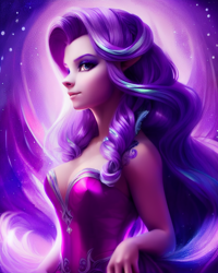 Size: 1024x1280 | Tagged: safe, generator:pony soup v2, imported from derpibooru, starlight glimmer, human, ai assisted, ai content, bare shoulders, beautiful, breasts, cleavage, clothes, corset, dress, elf ears, female, generator:stable diffusion, humanized, looking at you, prompter:siber, sleeveless, solo, strapless