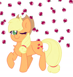 Size: 2251x2370 | Tagged: safe, artist:cinematic-fawn, imported from derpibooru, applejack, pony, apple, food, one eye closed, simple background, solo, white background, wink