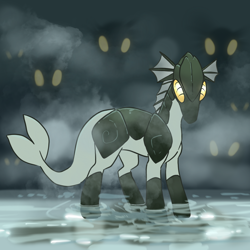 Size: 2048x2048 | Tagged: safe, artist:pfeffaroo, imported from derpibooru, oc, oc only, changeling, fanfic:song of seven, armor, changeling oc, creepy, fish tail, fog, glowing, glowing eyes, helmet, looking at you, shell, tail, water