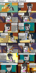 Size: 1282x2589 | Tagged: safe, artist:agrol, edit, edited screencap, imported from derpibooru, screencap, applejack, octavia melody, earth pony, pony, comic:celestia's servant interview, apple, aweeg*, bipedal, bow (instrument), bucket, caption, cello, cello bow, clothes, comic, cs captions, female, fire, fireplace, food, glass, hoof hold, image macro, interview, mare, market, market stall, musical instrument, octavia is not amused, octavia's birthday, old art, scarf, screencap comic, striped scarf, text, unamused, wine glass