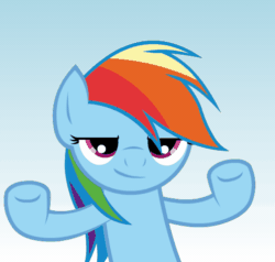 Size: 496x473 | Tagged: safe, artist:awesomebrony, imported from derpibooru, rainbow dash, pegasus, pony, animated, blue background, dancing, faic, female, gif, gradient background, looking at you, mare, moving, profile picture, raised hooves, silly, simple background, smug, smugdash, solo