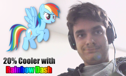 Size: 1115x680 | Tagged: safe, artist:awesomebrony, imported from derpibooru, rainbow dash, human, pegasus, pony, 20% cooler, brony, caption, female, flying, headphones, image macro, irl, irl human, male, mare, photo, photoshop, ponies in real life, raised hooves, smiling, smirk, text