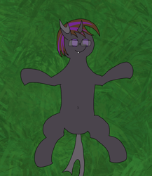 Size: 3188x3679 | Tagged: safe, artist:darkderp, imported from derpibooru, oc, oc only, oc:bezier, changeling, belly button, cute, glasses, grass, lying down, on back, purple changeling, solo