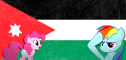 Size: 3583x1721 | Tagged: safe, artist:awesomebrony, imported from derpibooru, pinkie pie, rainbow dash, earth pony, pegasus, pony, arabian, country, female, flag, gimp, grunge, jordan, mare, middle east, politics, salute, smiling, texture