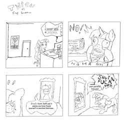 Size: 1200x1200 | Tagged: artist needed, source needed, safe, imported from derpibooru, twilight sparkle, pony, unicorn, 4 panel comic, comic, computer, emanata, evil counterpart, mirror, monochrome, rough sketch, sketch, speech bubble, text, vulgar