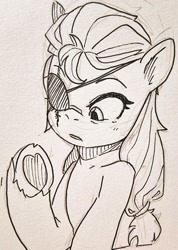 Size: 731x1024 | Tagged: safe, artist:maren, imported from derpibooru, sunny starscout, earth pony, pony, clothes, eye scar, eyepatch, facial scar, female, g5, mare, open mouth, raised hoof, scar, sketch, solo, sweater, traditional art, unshorn fetlocks