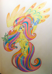 Size: 849x1198 | Tagged: safe, artist:kluzart, imported from derpibooru, fluttershy, bird, blue jay, hummingbird, pony, palindrome get, rainbow power, solo, traditional art