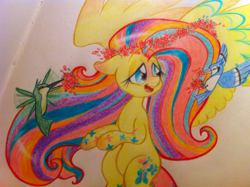 Size: 1280x956 | Tagged: safe, artist:kluzart, imported from derpibooru, fluttershy, bird, blue jay, hummingbird, pony, female, mare, rainbow power, solo, traditional art