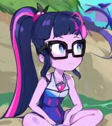 Size: 512x576 | Tagged: safe, imported from derpibooru, sci-twi, twilight sparkle, human, equestria girls, equestria girls series, forgotten friendship, ai content, ai generated, bare shoulders, clothes, generator:pinegraph, sleeveless, solo, swimsuit