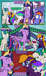 Size: 1920x3168 | Tagged: safe, artist:alexdti, imported from derpibooru, twilight sparkle, oc, oc:bright comet, oc:purple creativity, oc:star logic, oc:violet moonlight, alicorn, pegasus, pony, unicorn, comic:quest for friendship, the last problem, ^^, bracelet, brother and sister, colt, comic, crown, dialogue, ears back, excited, eyes closed, father and child, father and daughter, father and son, female, filly, foal, folded wings, glasses, grin, gritted teeth, high res, hoof shoes, hooves, horn, husband and wife, jewelry, looking at someone, male, mare, misspelling, mother and child, mother and daughter, mother and son, narrowed eyes, older, older twilight, one wing out, onomatopoeia, open mouth, outdoors, pegasus oc, pinpoint eyes, ponytail, princess twilight 2.0, raised hoof, regalia, siblings, smiling, speech bubble, stallion, standing, starry eyes, teeth, twilight sparkle (alicorn), twins, two toned mane, unicorn oc, wall of tags, wingding eyes, wings