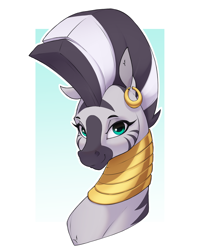 Size: 1630x2039 | Tagged: safe, artist:aquaticvibes, imported from derpibooru, zecora, zebra, ear piercing, earring, eyelashes, female, jewelry, looking at you, mohawk, neck rings, piercing, simple background, solo