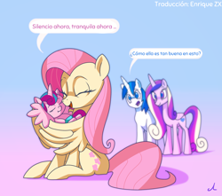 Size: 5100x4507 | Tagged: safe, artist:docwario, edit, editor:enrique zx, imported from derpibooru, fluttershy, princess cadance, princess flurry heart, shining armor, alicorn, pegasus, pony, unicorn, absurd resolution, baby, baby alicorn, baby flurry heart, baby pony, cute, eyes closed, female, flurrybetes, fluttermom, fluttober, gradient background, hug, hush now quiet now, male, mare, shyabetes, sleeping, spanish, spanish description, spanish text, stallion, translation, translator:enrique zx, wing hands, wing hold, winghug, wings