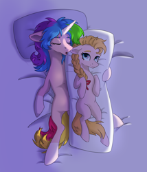 Size: 1608x1875 | Tagged: safe, artist:lambydwight, imported from derpibooru, oc, oc only, oc:rainy shine, earth pony, pony, unicorn, bed, body pillow, braid, eyes closed, hug, pillow, sleeping