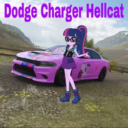 Size: 1080x1080 | Tagged: safe, artist:punzil504, edit, editor:scitwisparkle42, imported from derpibooru, sci-twi, twilight sparkle, human, equestria girls, car, clothes swap, dodge charger, forza horizon 4, game screencap, solo, video game